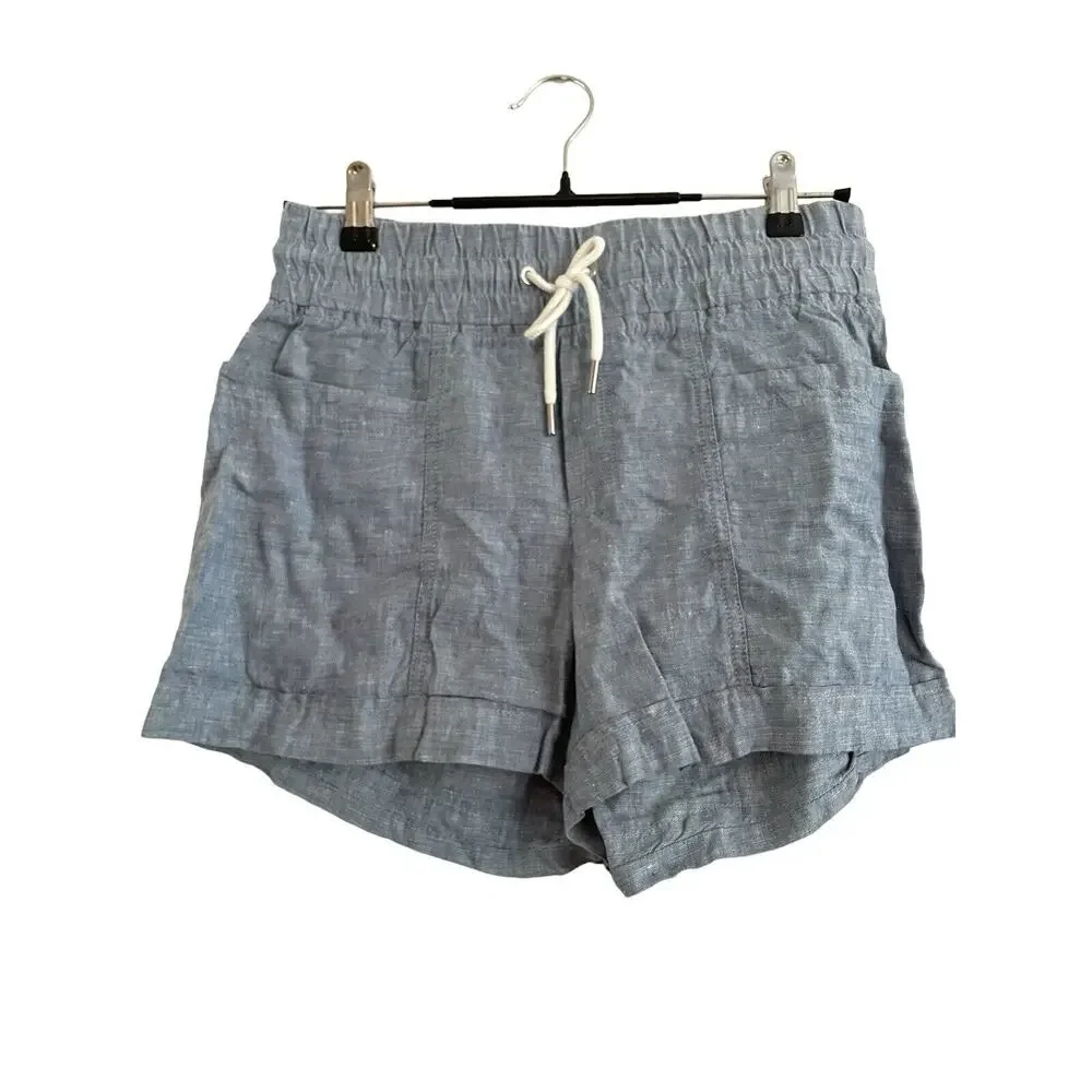 Athleta 100% Linen Cabo Shorts Pockets Pull On 4” Shorts Size 2 Chambray Elastic